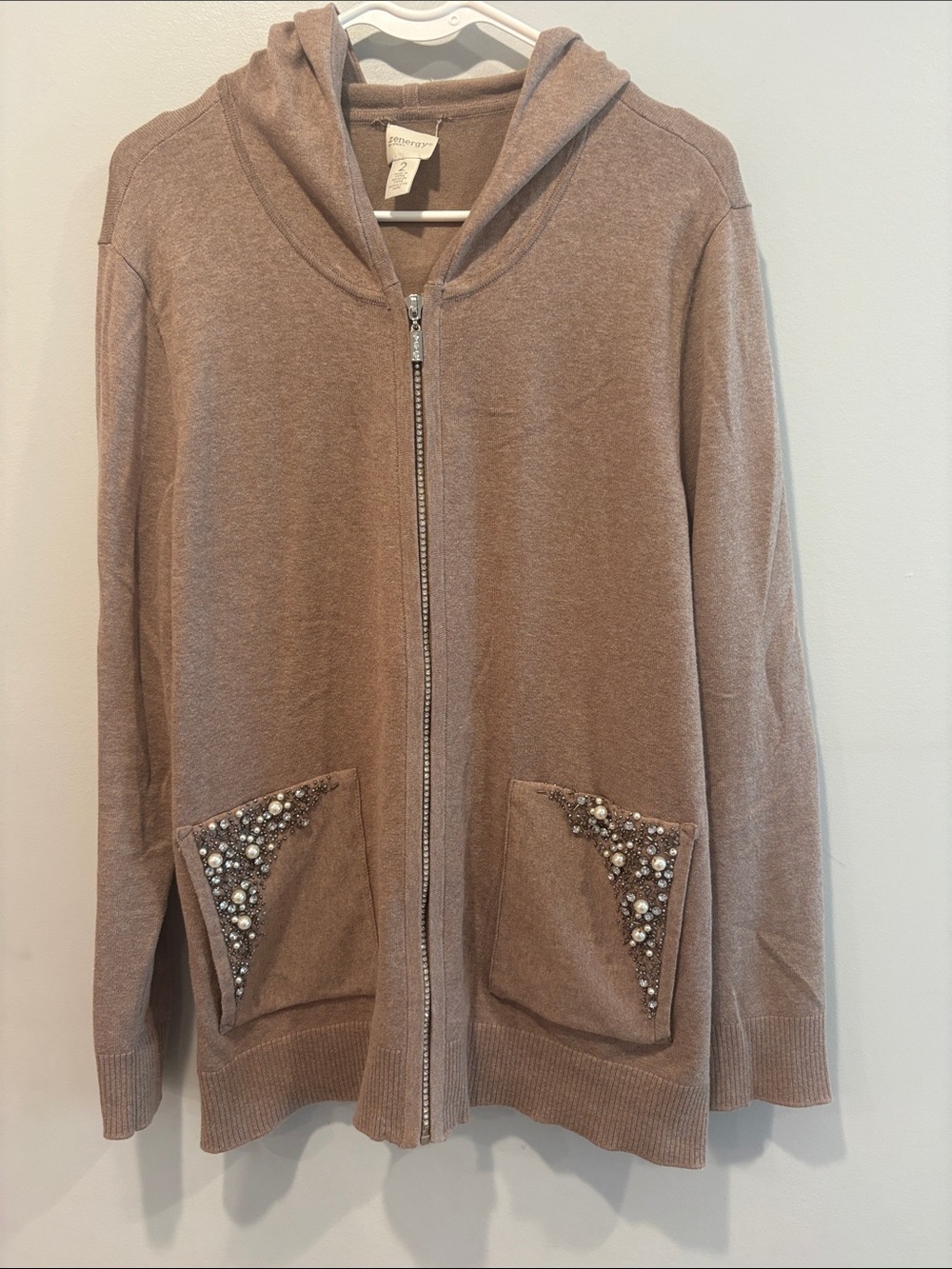 NWOT Chico's Taupe Embellished Hooded Zip Cardigan ptp 21-23 $129 retail